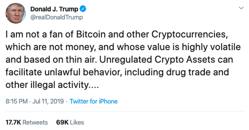   El Tweet del presidente Estados Unidos en criptomonedas 